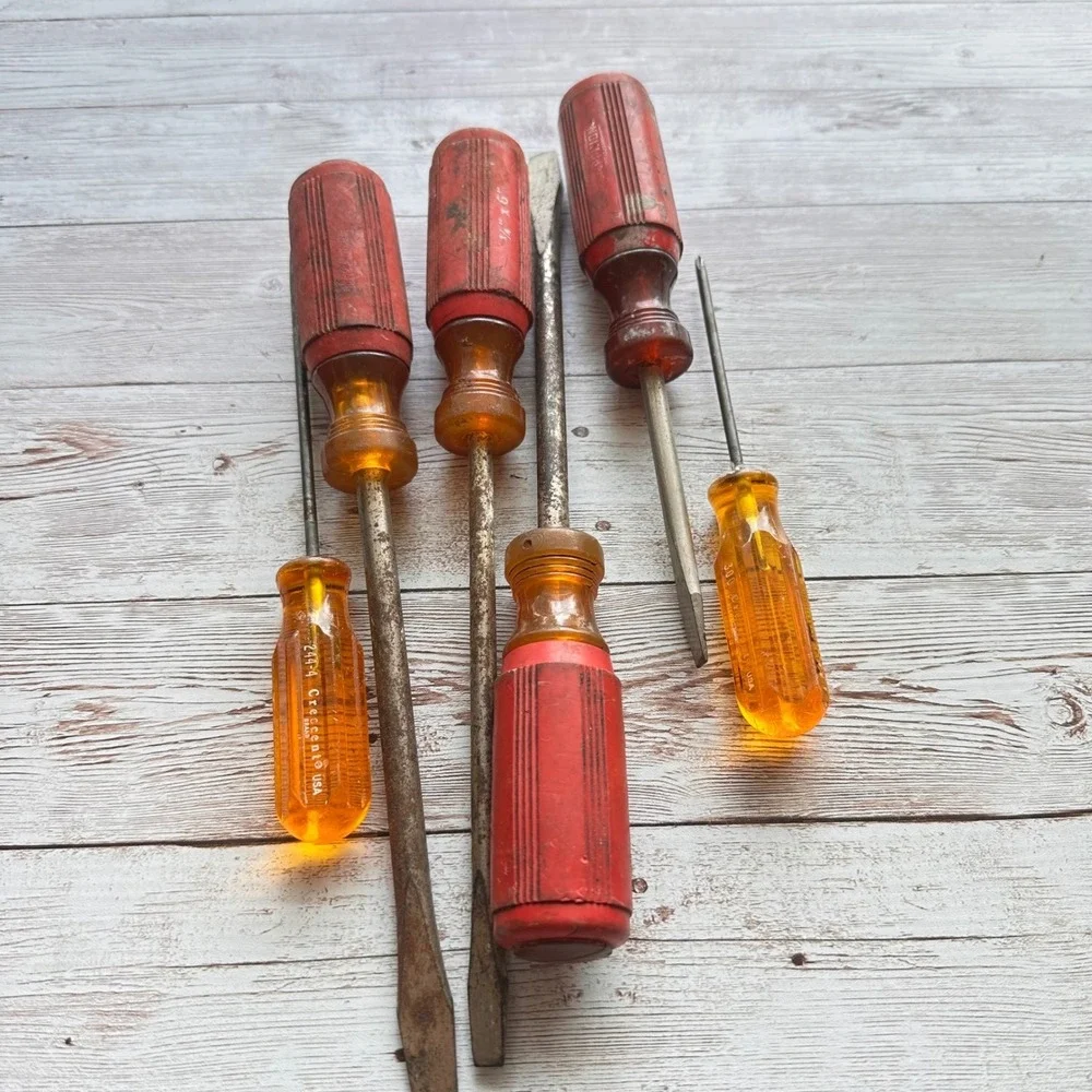 Vintage Screwdrivers Lot Sears Companion Crescent USA Red & Amber Handles Tools‎